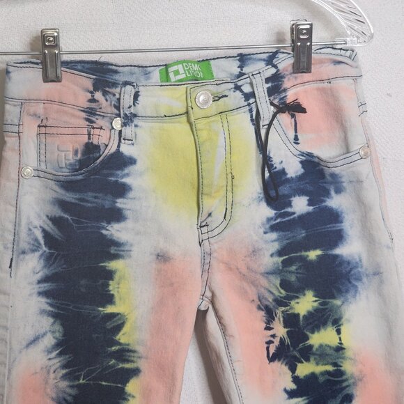 Demolition Acid Wash Tie Dye Pink Blue Yellow Stretch Cotton Denim Shorts Sz 10 - Picture 4 of 16